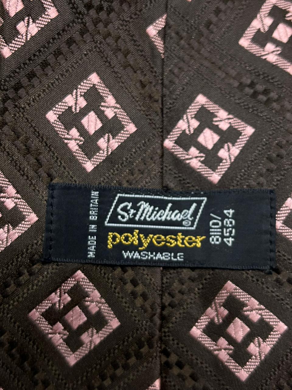 Vintage St Michael Made In Britain Brown Pink Geometric Diamond Mens Polyester Tie