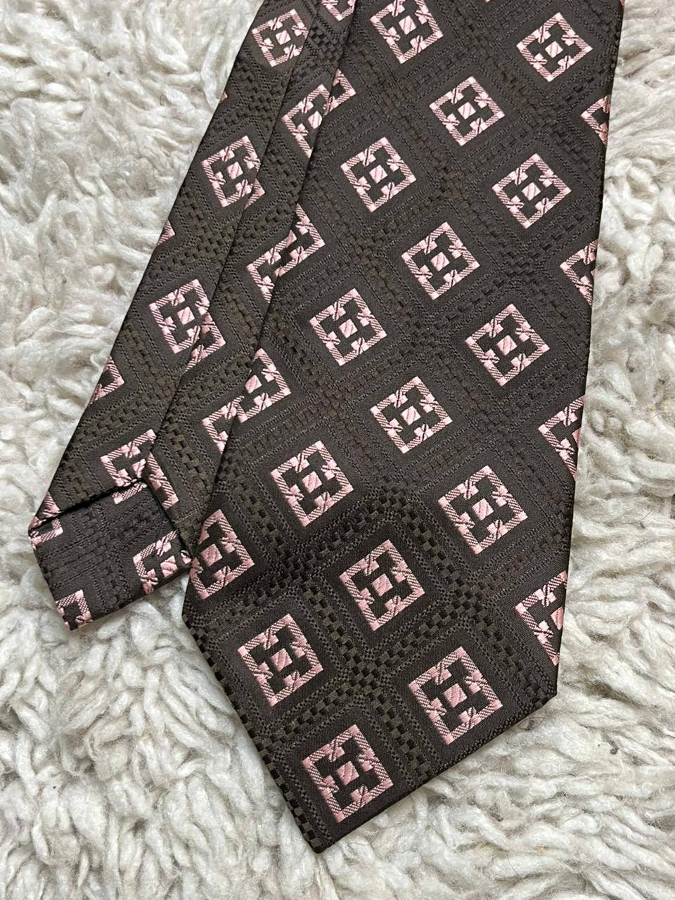 Vintage St Michael Made In Britain Brown Pink Geometric Diamond Mens Polyester Tie
