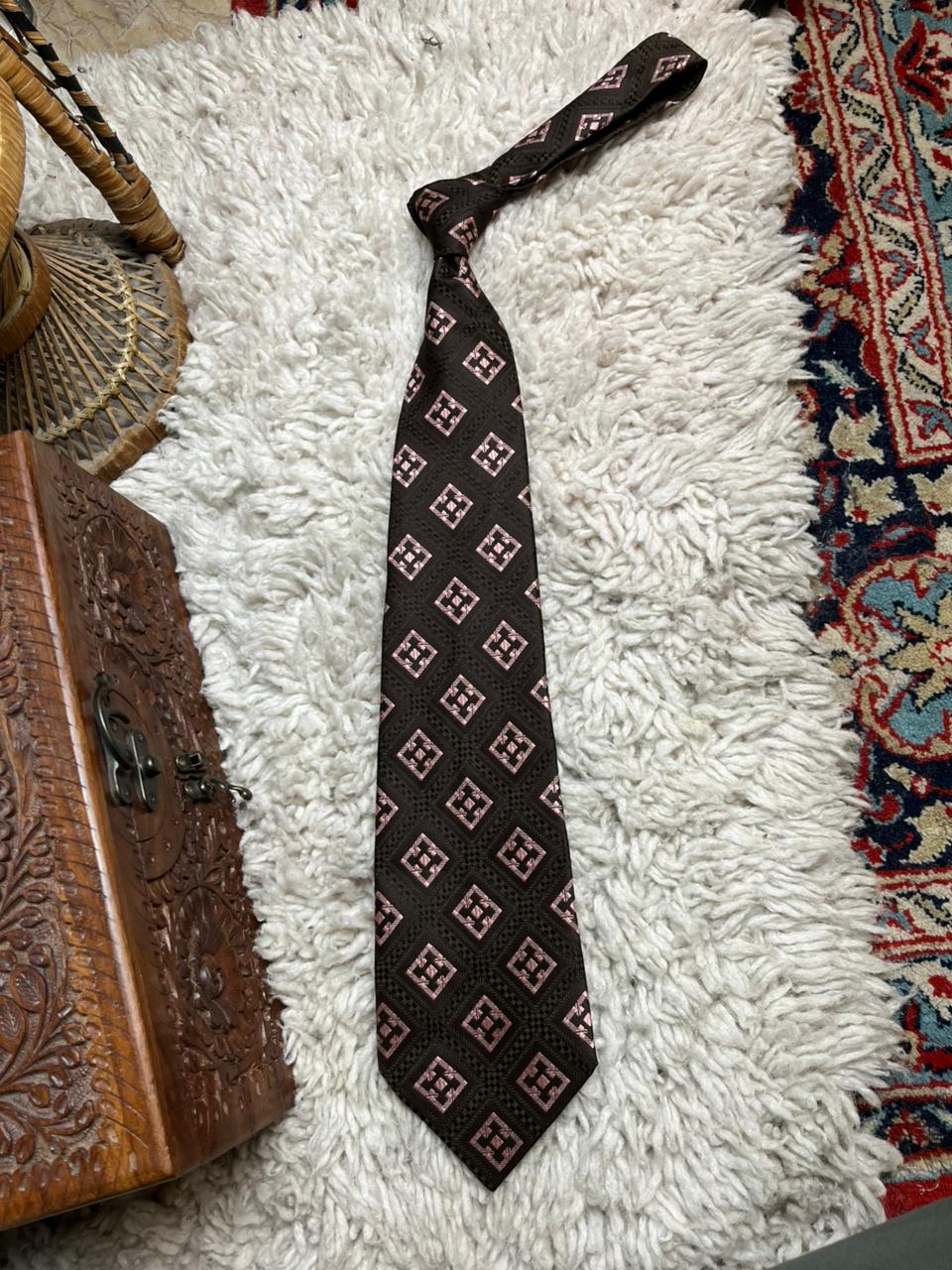 Vintage St Michael Made In Britain Brown Pink Geometric Diamond Mens Polyester Tie