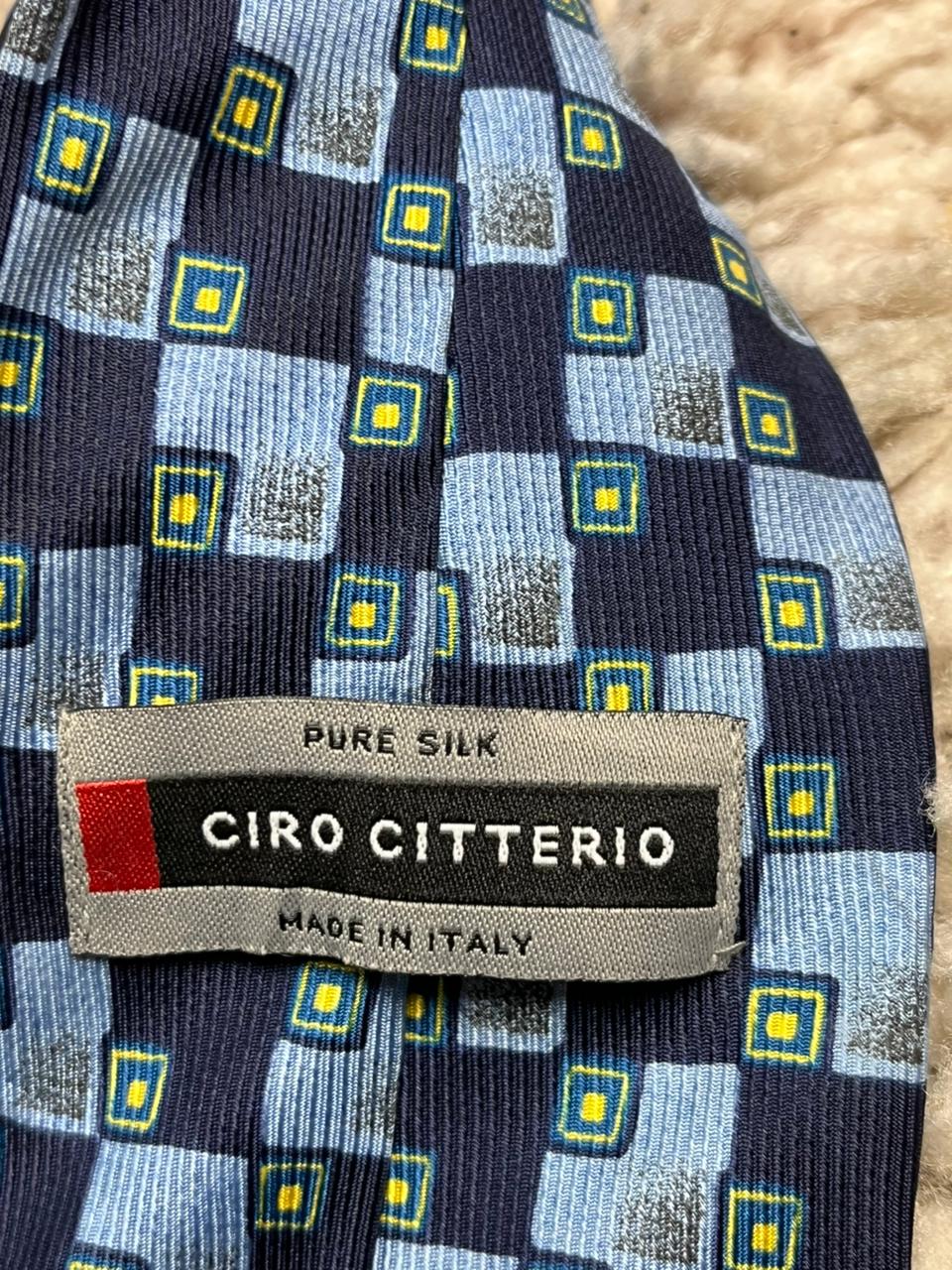 Ciro Citterio Italy Silk Tie Navy Light Blue Grey Textured Checkered Squares