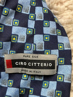 Ciro Citterio Italy Silk Tie Navy Light Blue Grey Textured Checkered Squares