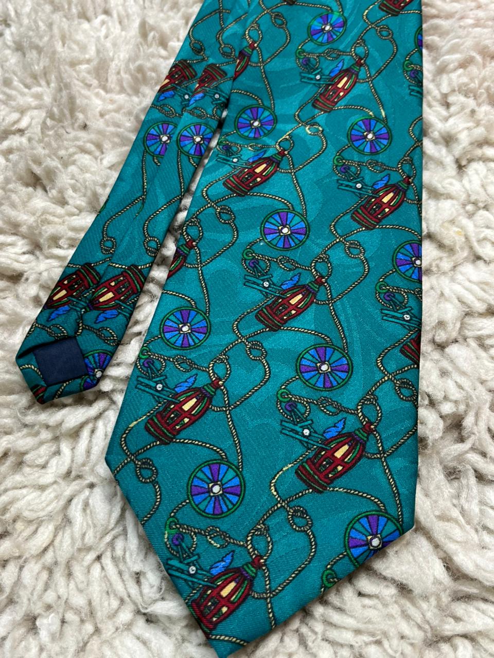 Fellini Hand Made Silk Necktie Nautical Ship Wheel & Lantern Theme