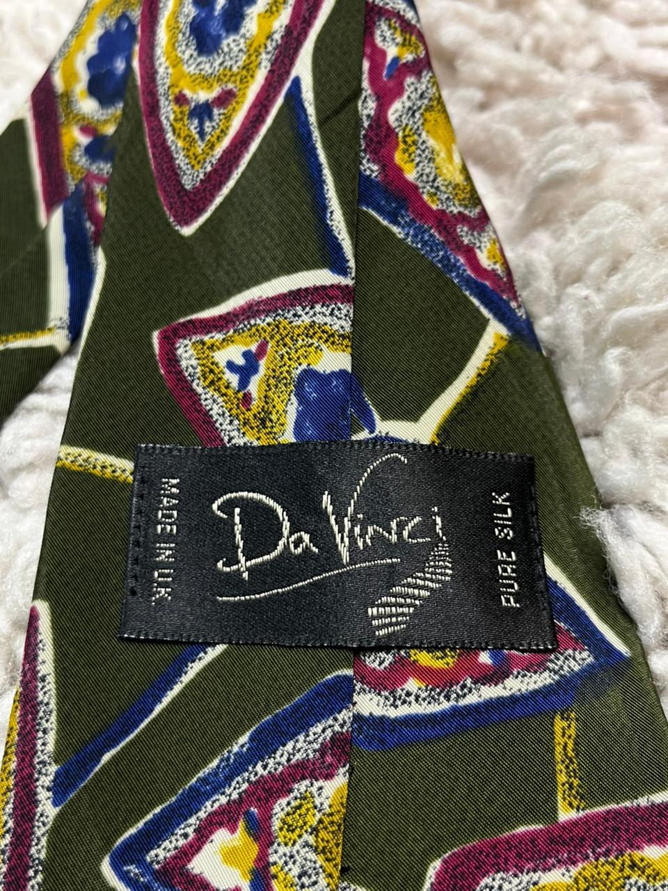 Da Vinci Pure Silk Tie Olive Green Abstract Diamond Geometric Pattern