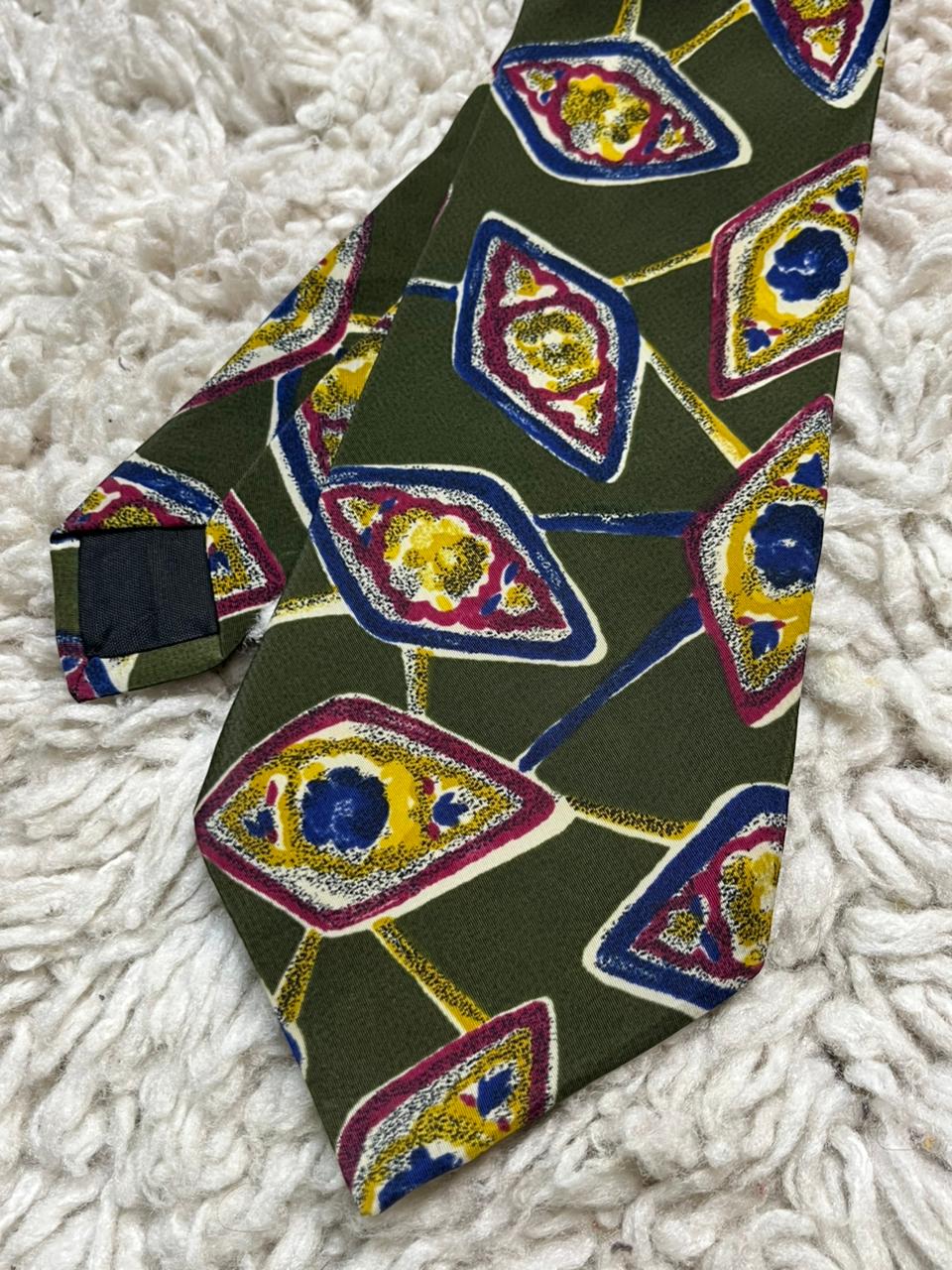 Da Vinci Pure Silk Tie Olive Green Abstract Diamond Geometric Pattern