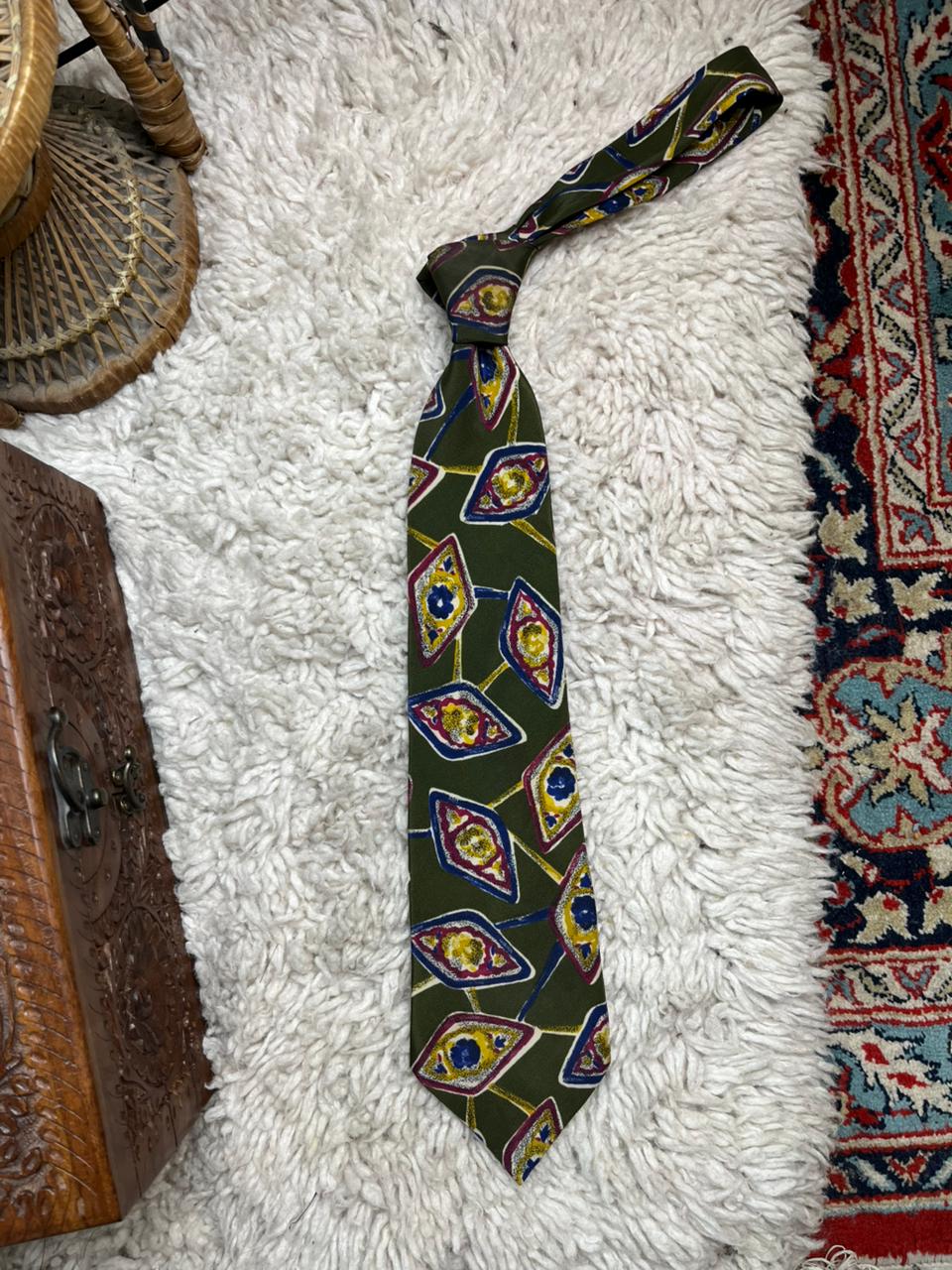 Da Vinci Pure Silk Tie Olive Green Abstract Diamond Geometric Pattern