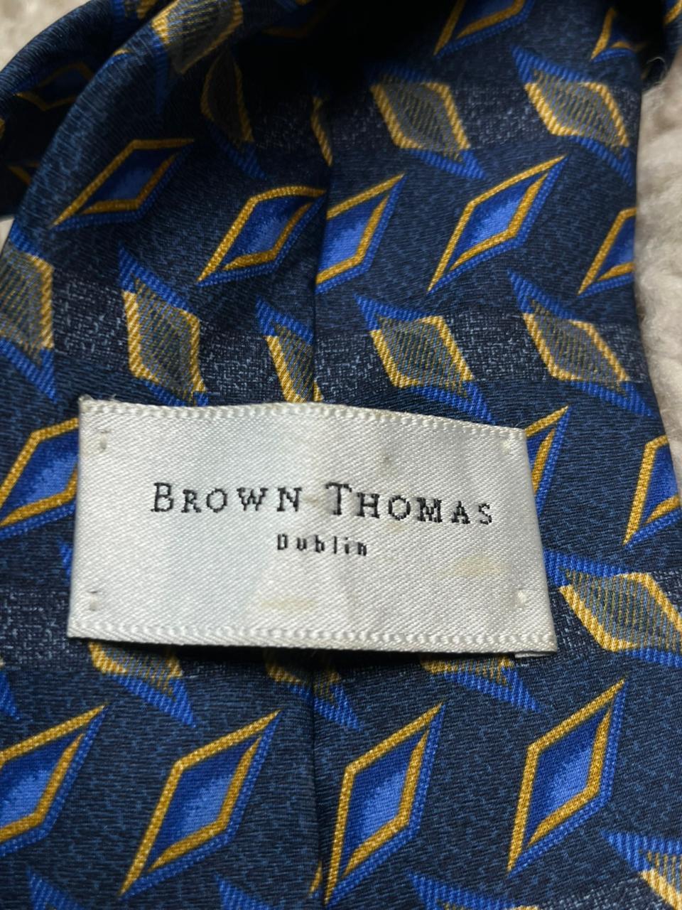 Brown Thomas Men's Silk Tie Navy Blue with Gold & Blue Diamond Pattern