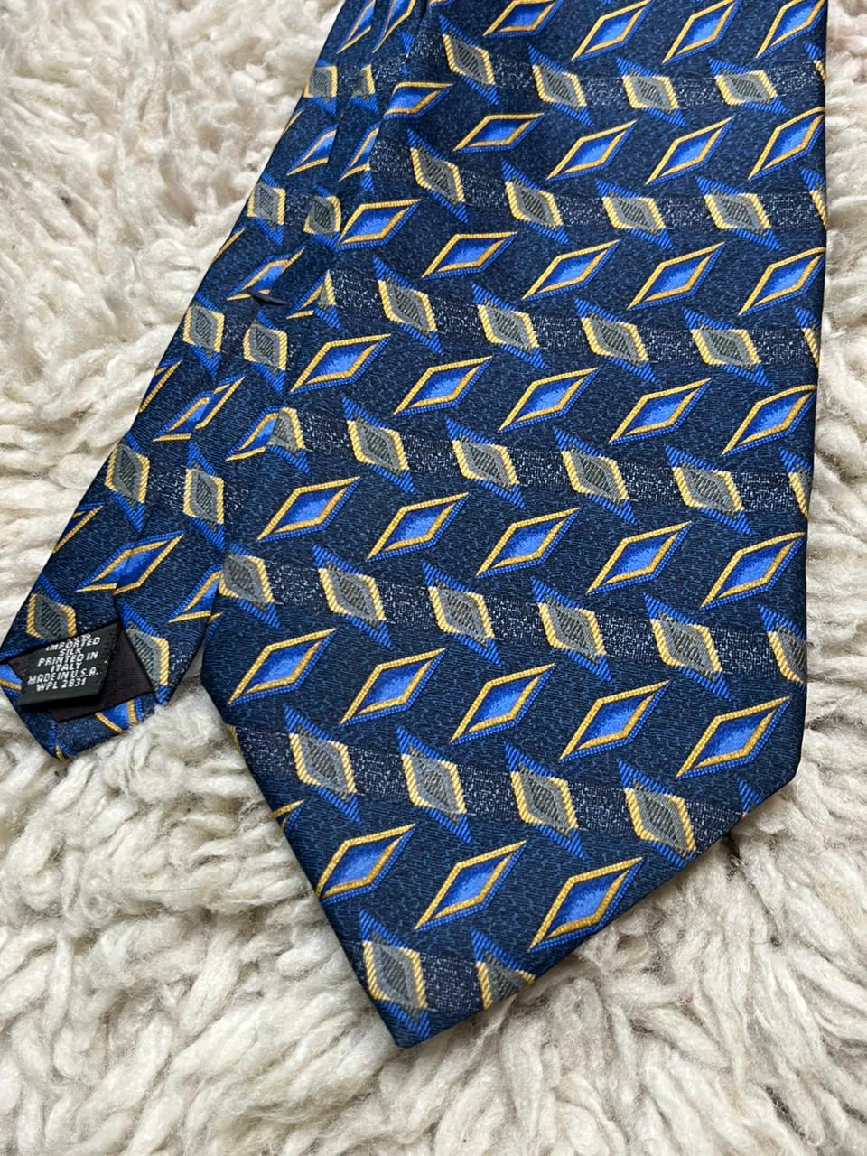Brown Thomas Men's Silk Tie Navy Blue with Gold & Blue Diamond Pattern