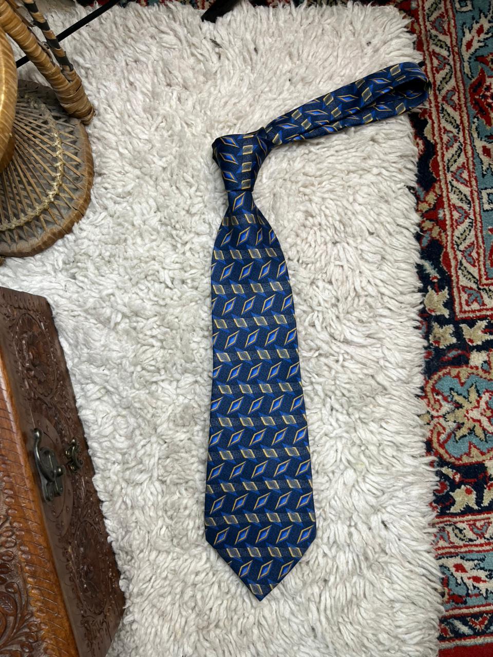Brown Thomas Men's Silk Tie Navy Blue with Gold & Blue Diamond Pattern