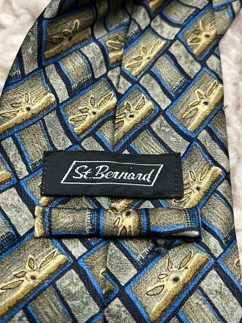 St Bernard Polyester Necktie Muted Green Gold Medallion Geometric Print