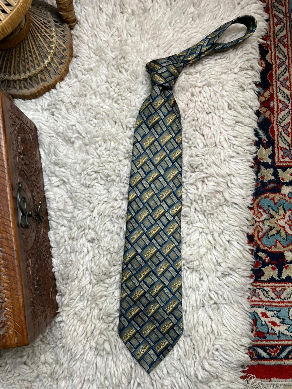 St Bernard Polyester Necktie Muted Green Gold Medallion Geometric Print