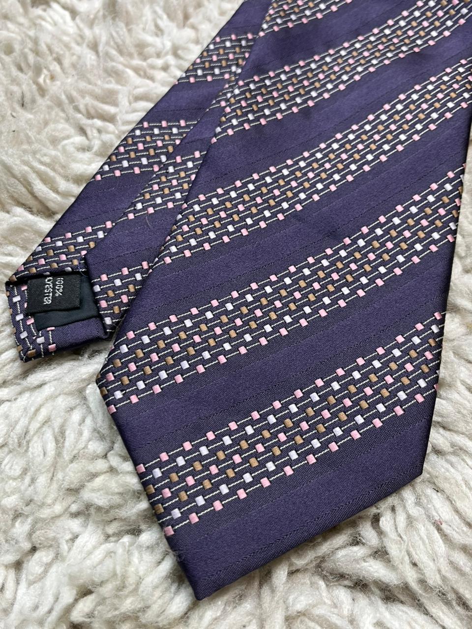 Montagu Men's Necktie Eggplant Purple with Pink Geometric Dotted Stripe