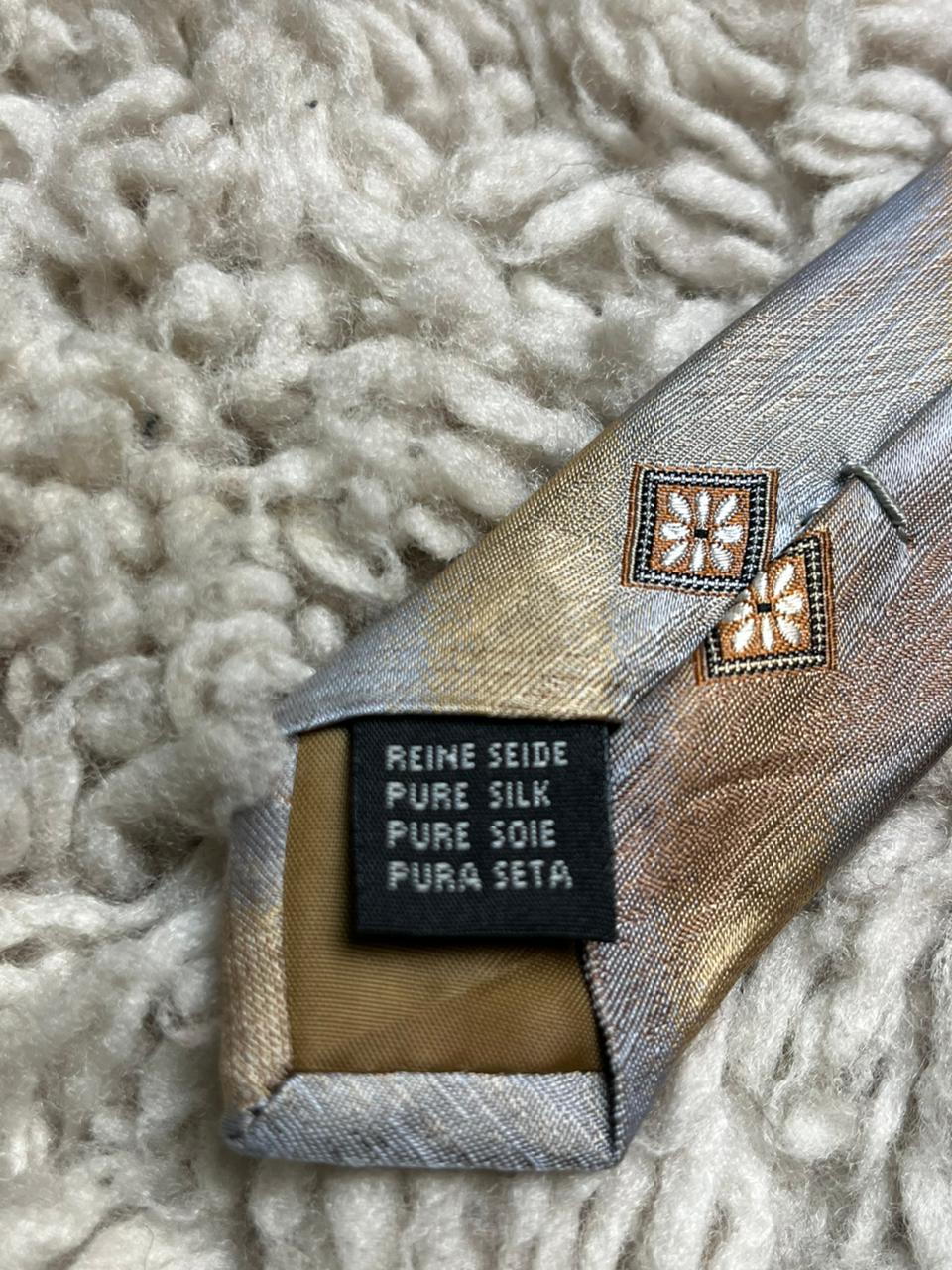 Bogart Pure Silk Tie Gold & Silver Grey Textured Abstract Diamond Floral Pattern