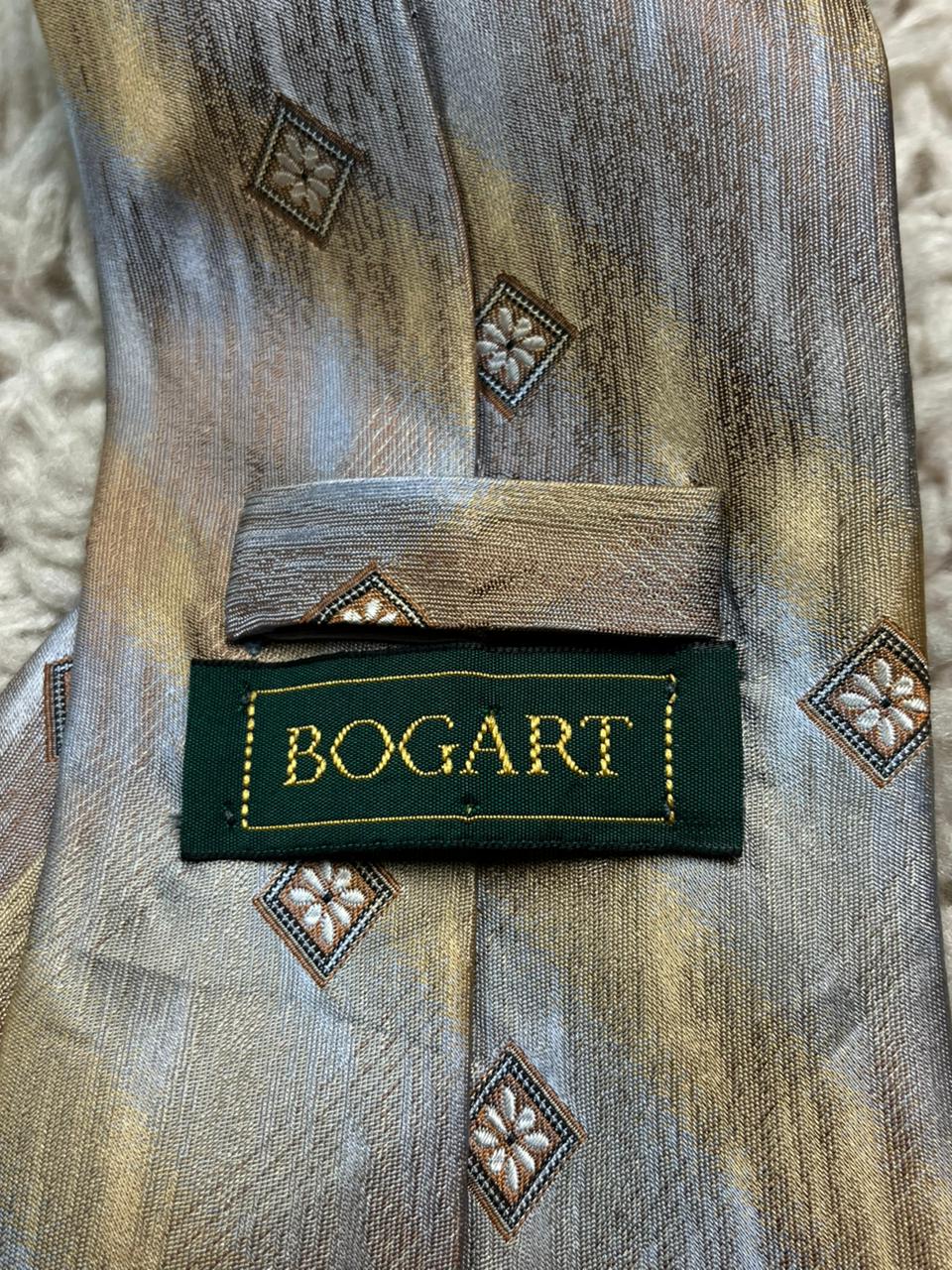 Bogart Pure Silk Tie Gold & Silver Grey Textured Abstract Diamond Floral Pattern