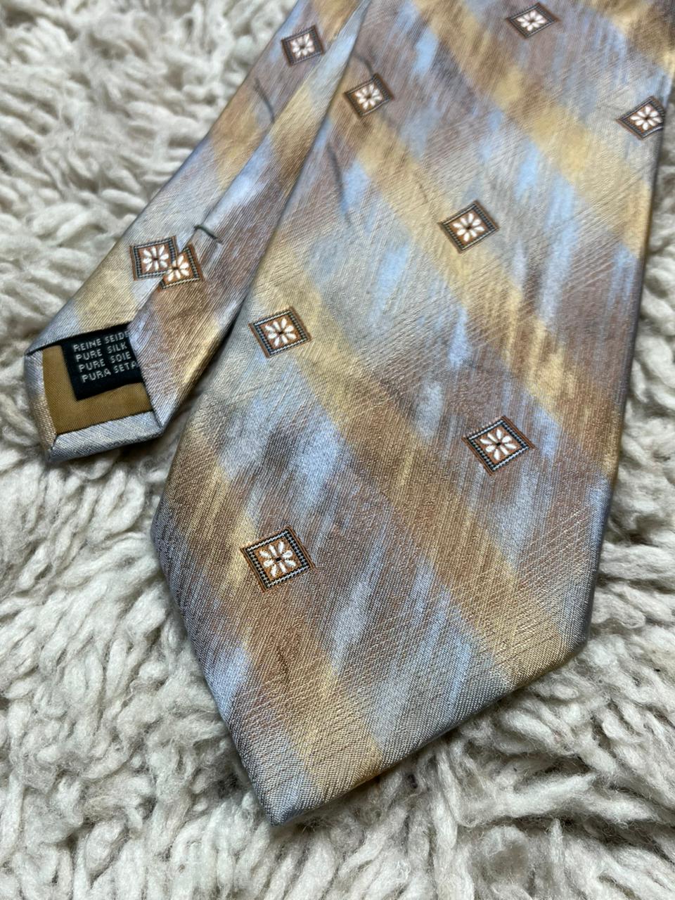 Bogart Pure Silk Tie Gold & Silver Grey Textured Abstract Diamond Floral Pattern
