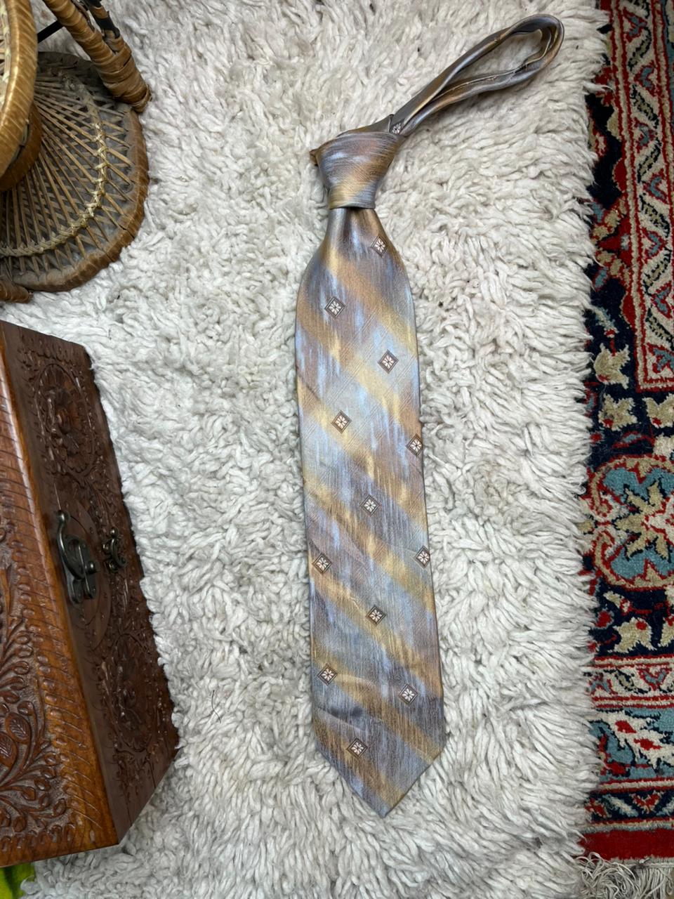 Bogart Pure Silk Tie Gold & Silver Grey Textured Abstract Diamond Floral Pattern