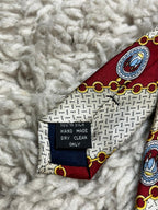 DenDon 100% Silk Hand Made Red Cream Striped Chain Medallion Design Tie
