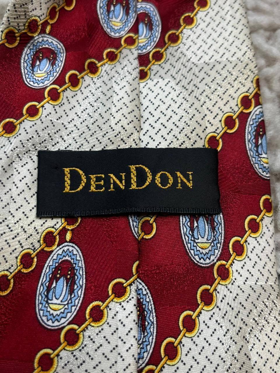 DenDon 100% Silk Hand Made Red Cream Striped Chain Medallion Design Tie