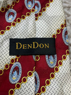 DenDon 100% Silk Hand Made Red Cream Striped Chain Medallion Design Tie