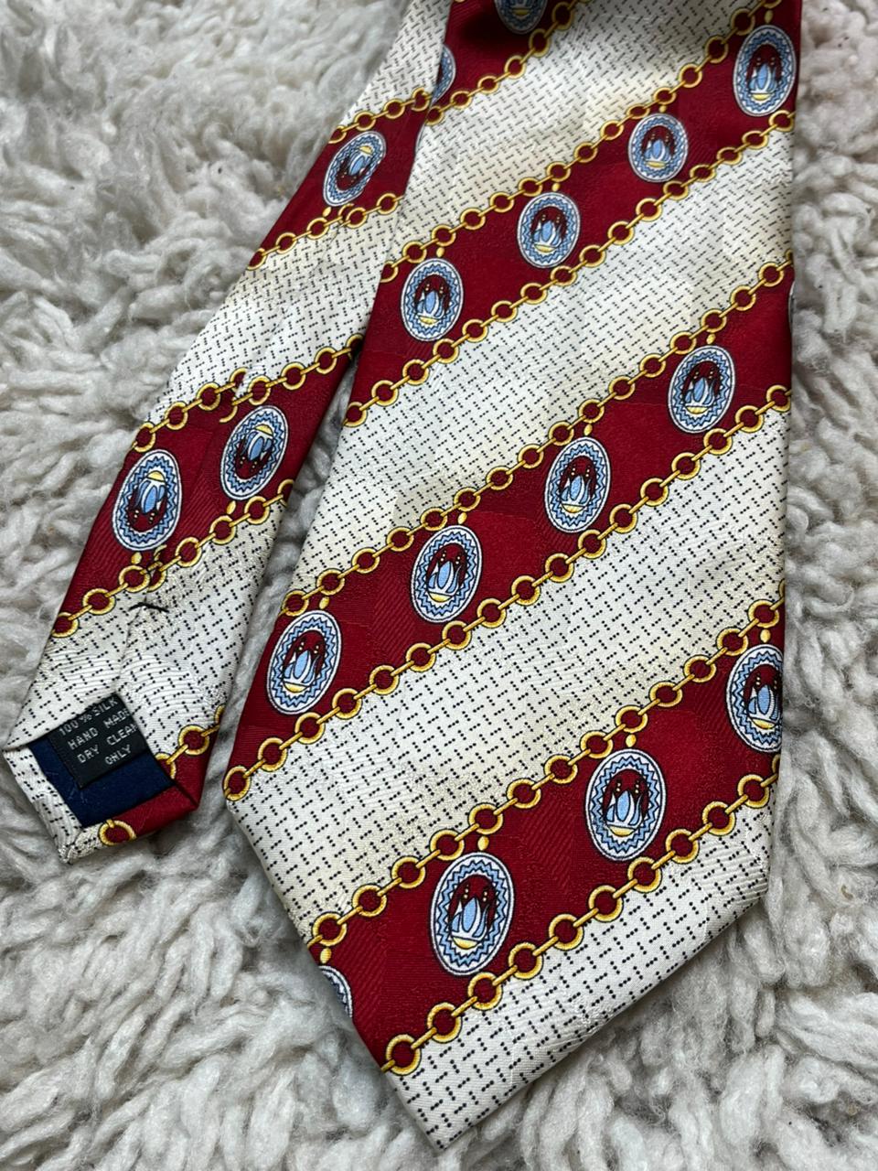 DenDon 100% Silk Hand Made Red Cream Striped Chain Medallion Design Tie