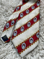 DenDon 100% Silk Hand Made Red Cream Striped Chain Medallion Design Tie