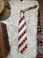DenDon 100% Silk Hand Made Red Cream Striped Chain Medallion Design Tie