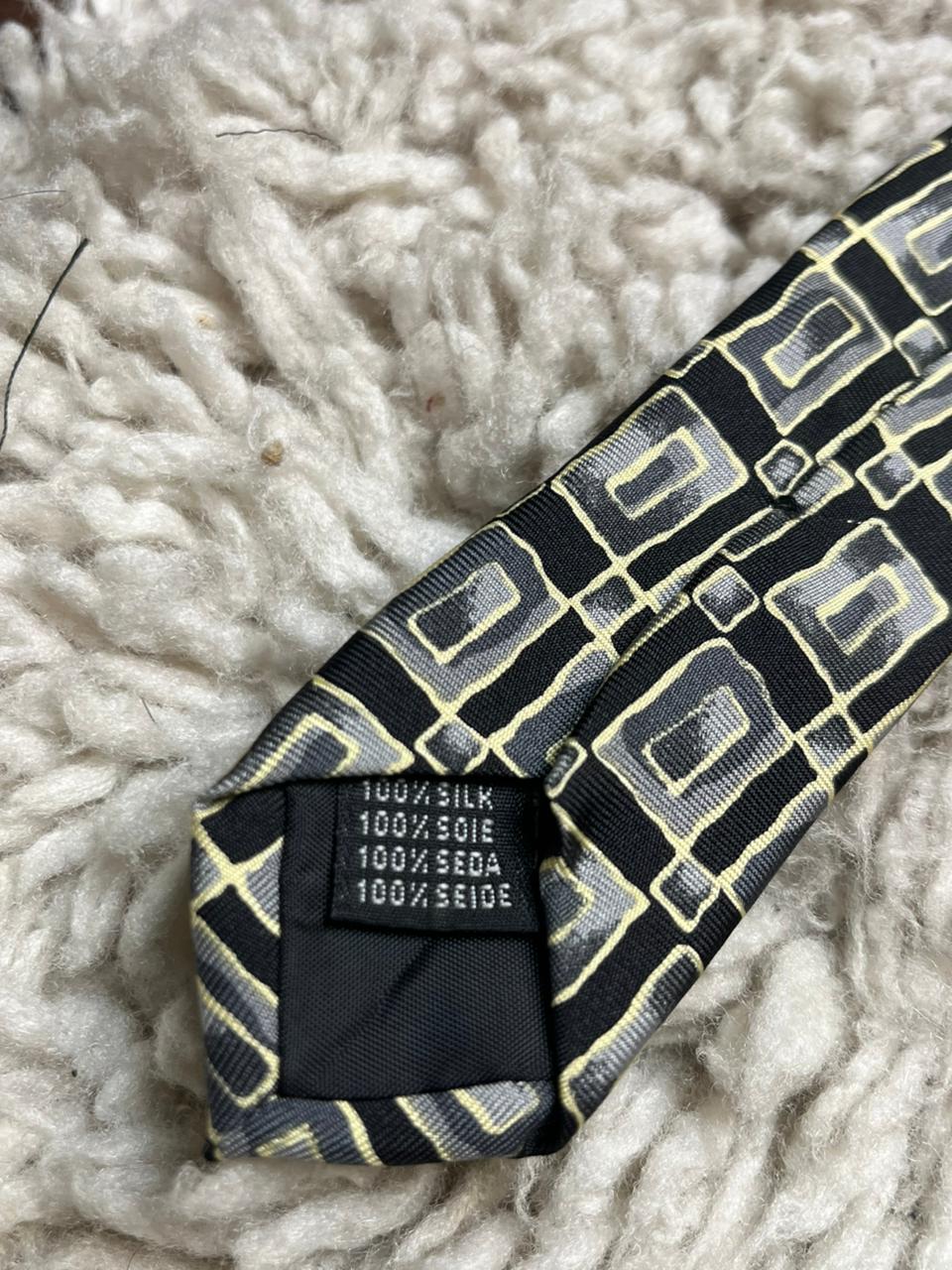 Italian Pure Silk Mens Tie Black with Gold & Grey Geometric Abstract Squares