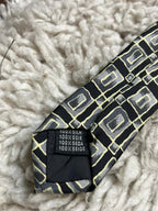 Italian Pure Silk Mens Tie Black with Gold & Grey Geometric Abstract Squares