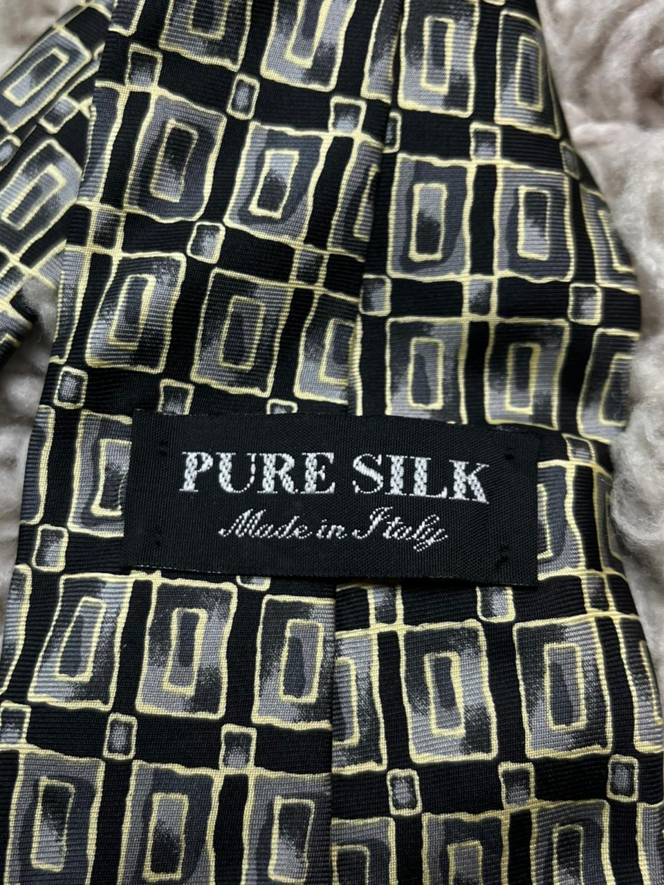 Italian Pure Silk Mens Tie Black with Gold & Grey Geometric Abstract Squares