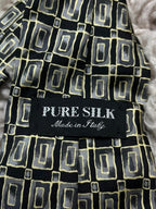Italian Pure Silk Mens Tie Black with Gold & Grey Geometric Abstract Squares