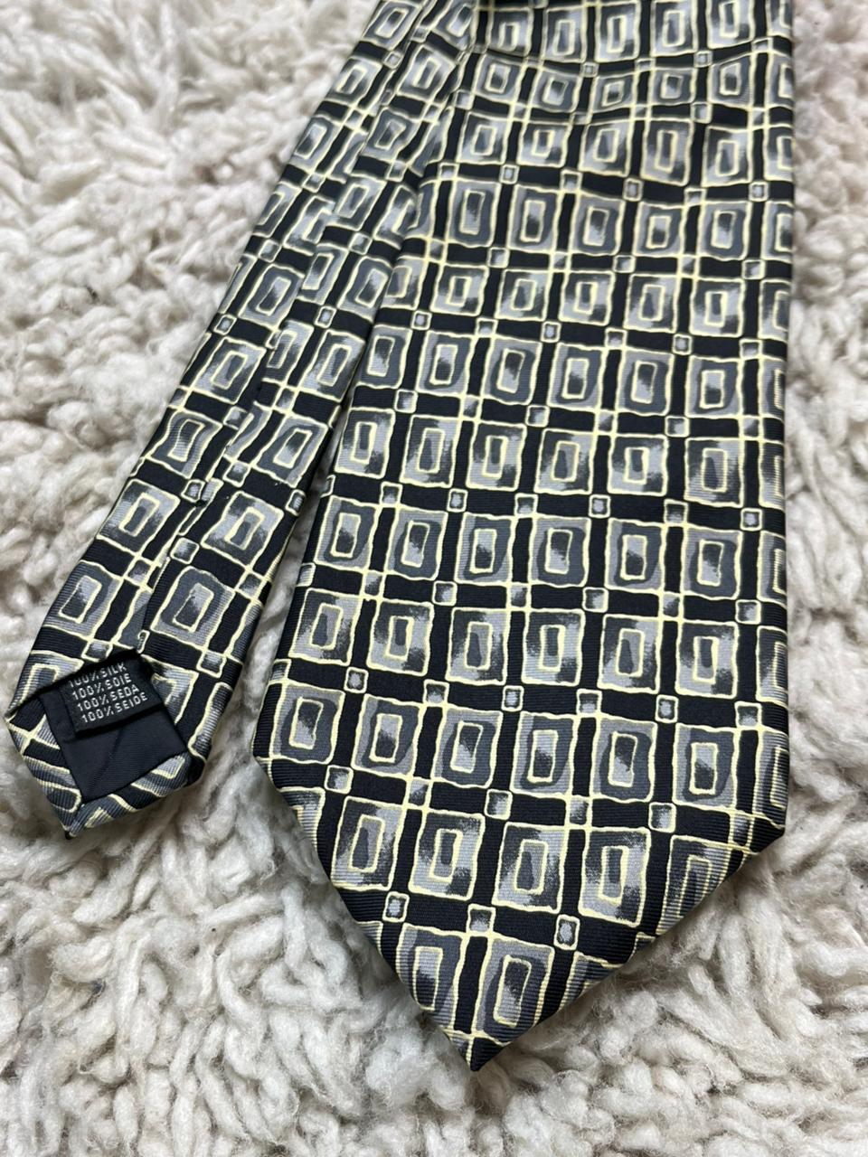 Italian Pure Silk Mens Tie Black with Gold & Grey Geometric Abstract Squares