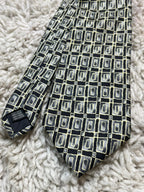 Italian Pure Silk Mens Tie Black with Gold & Grey Geometric Abstract Squares