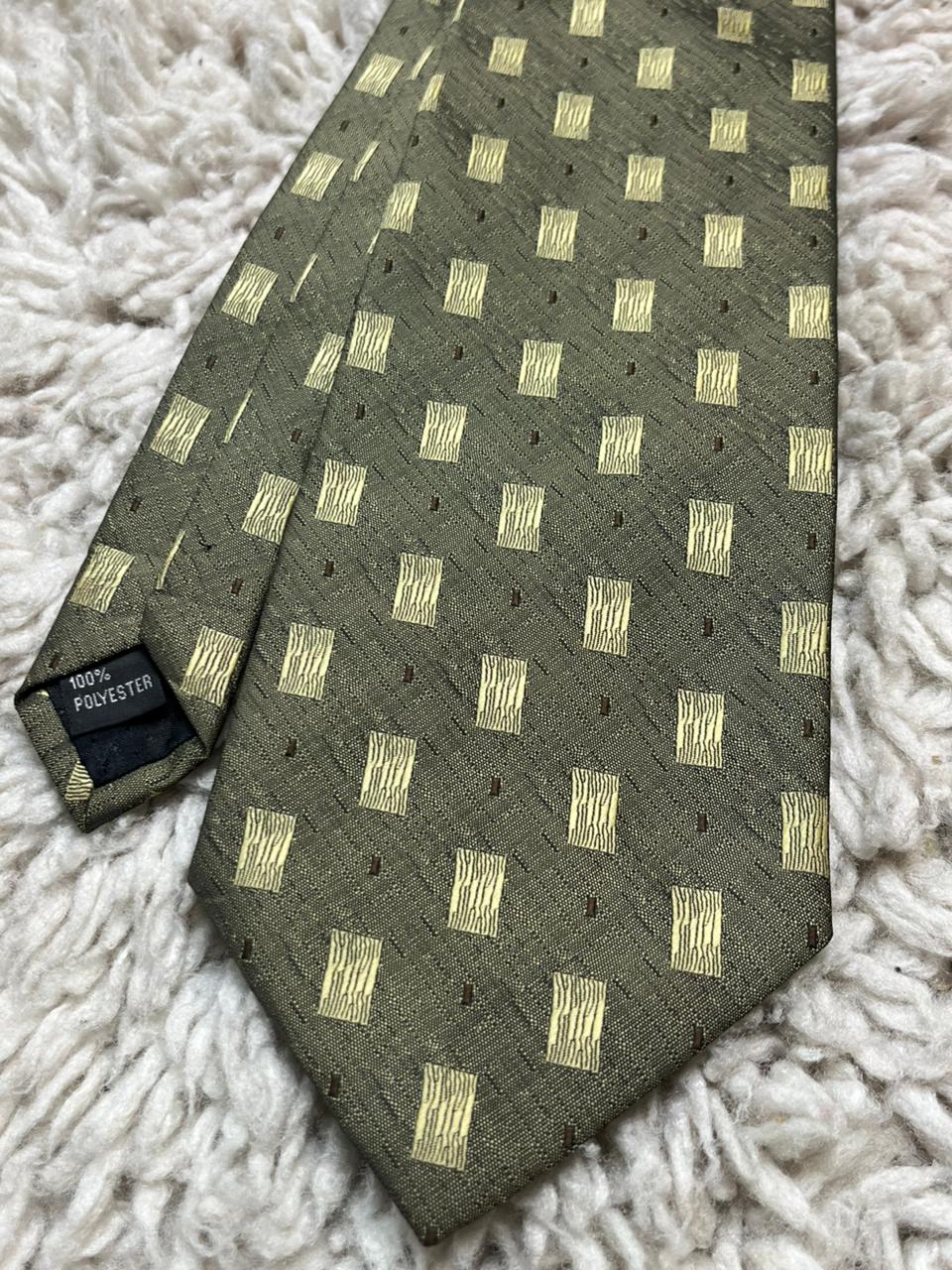 DONITZ Tie Olive Green Gold Geometric Textured Woven 100% Polyester