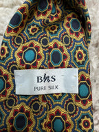 BHS Italy Pure Silk Tie Navy Blue Gold Red Teal Geometric Floral Medallion Print