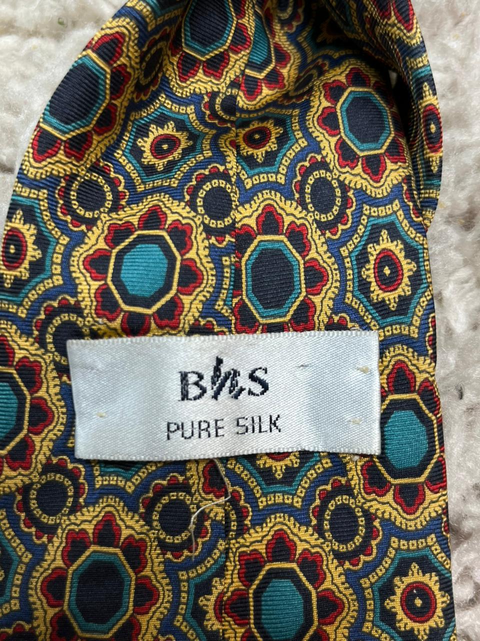 BHS Italy Pure Silk Tie Navy Blue Gold Red Teal Geometric Floral Medallion Print