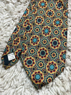 BHS Italy Pure Silk Tie Navy Blue Gold Red Teal Geometric Floral Medallion Print