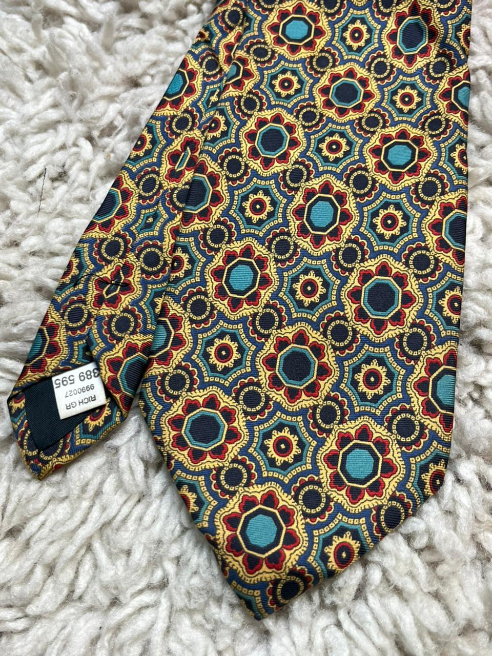 BHS Italy Pure Silk Tie Navy Blue Gold Red Teal Geometric Floral Medallion Print