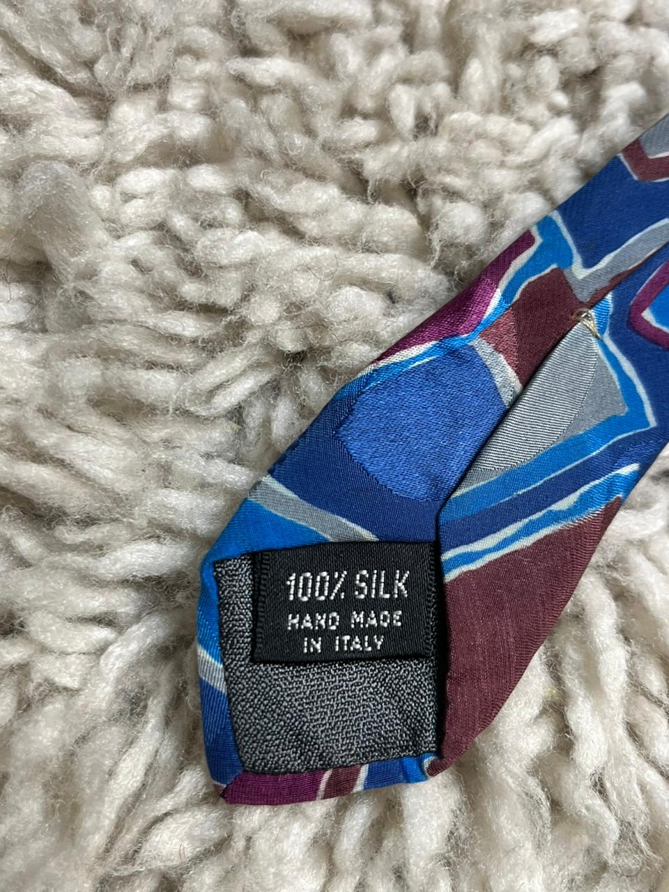 Secours Mens Tie Blue Abstract Geometric 100% Silk Hand Made