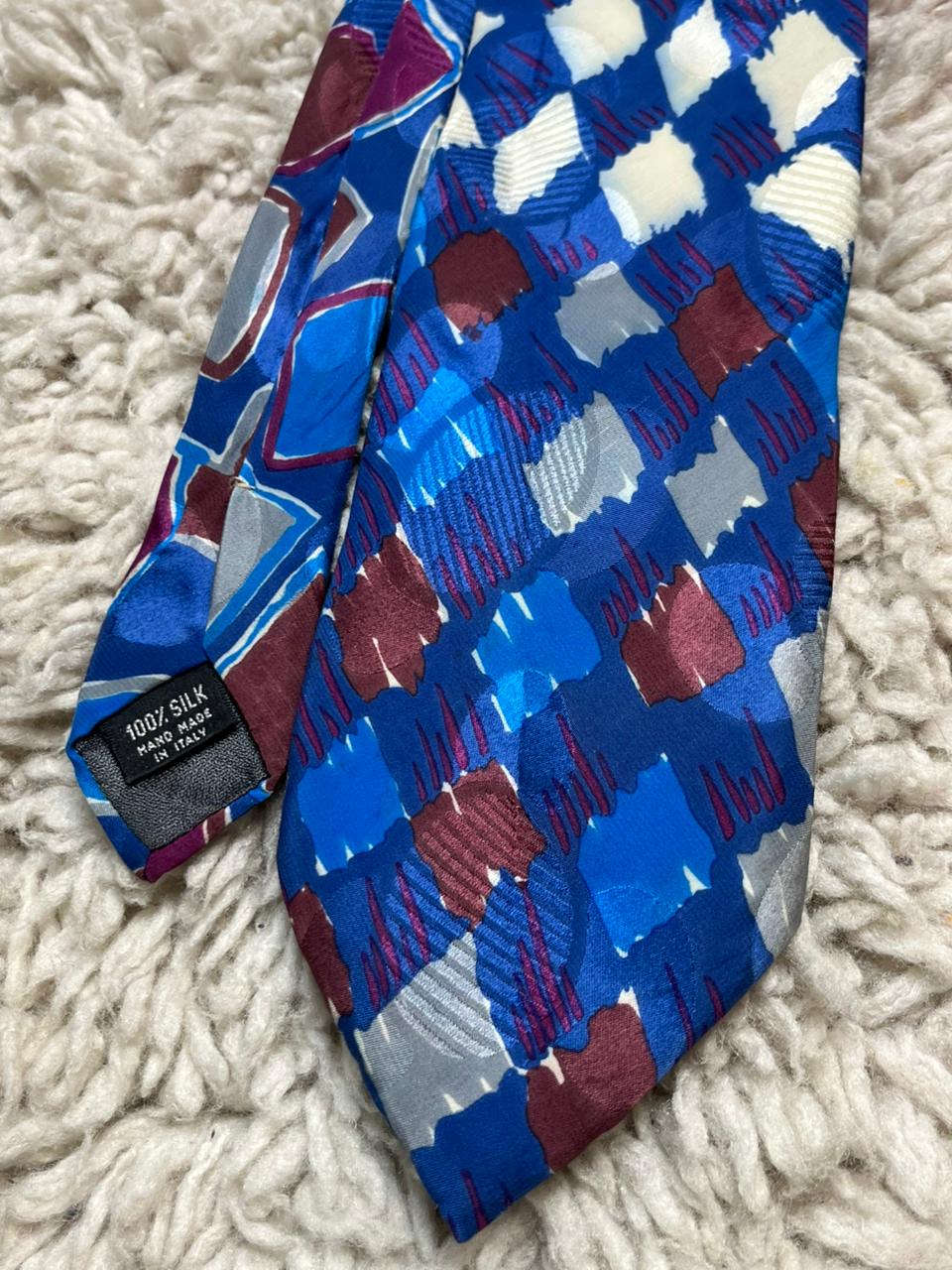Secours Mens Tie Blue Abstract Geometric 100% Silk Hand Made