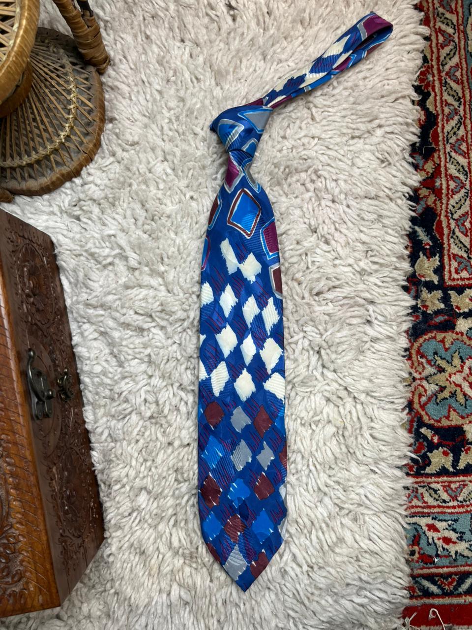 Secours Mens Tie Blue Abstract Geometric 100% Silk Hand Made