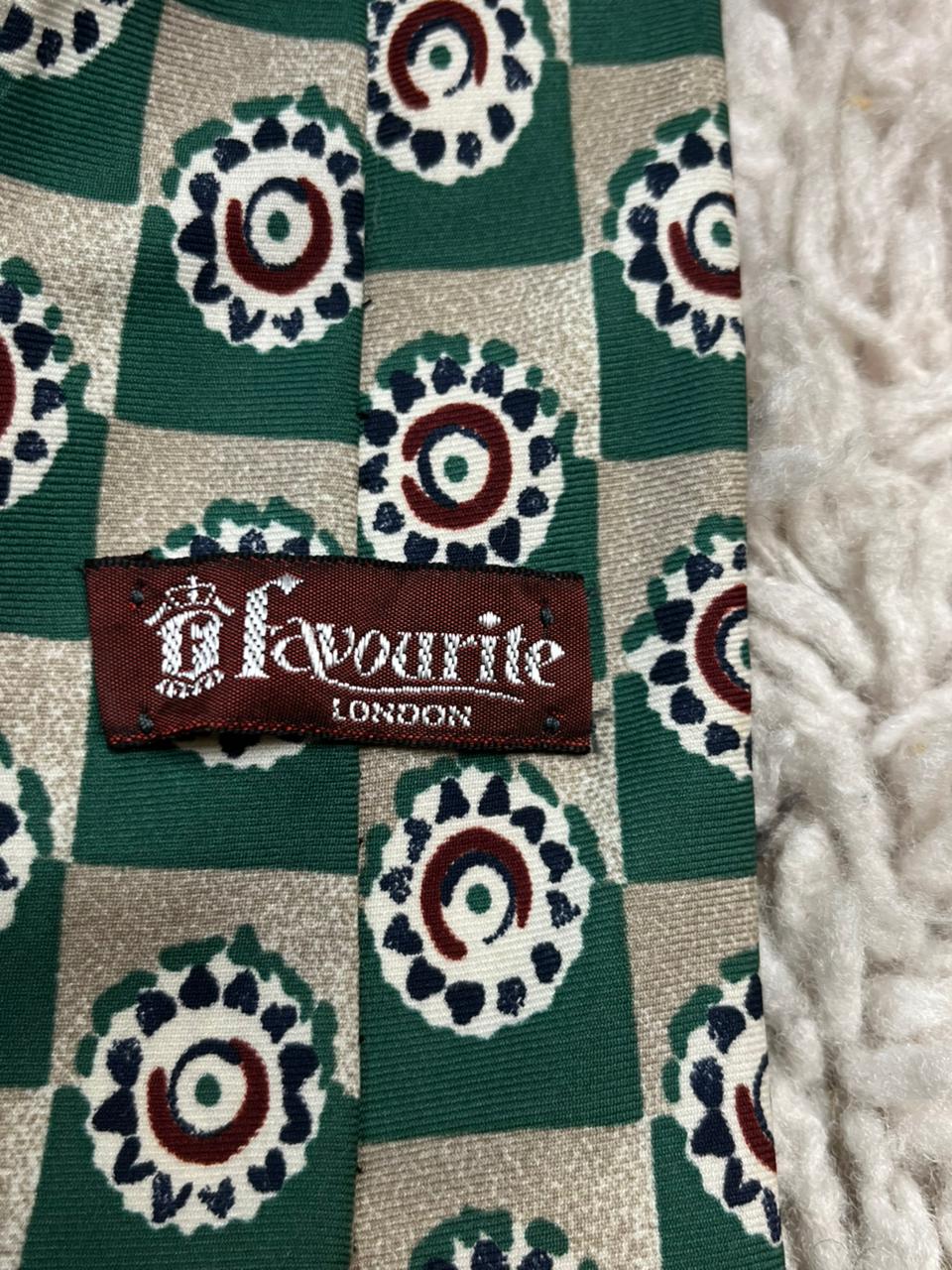 Favourite London Mens Tie Green Geometric Medallion Pattern Silk Blend Retro