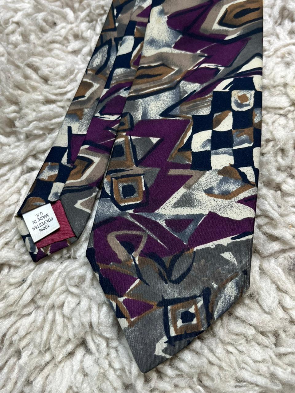 Littlewoods Mens Tie Purple Grey Abstract Geometric Retro 90s
