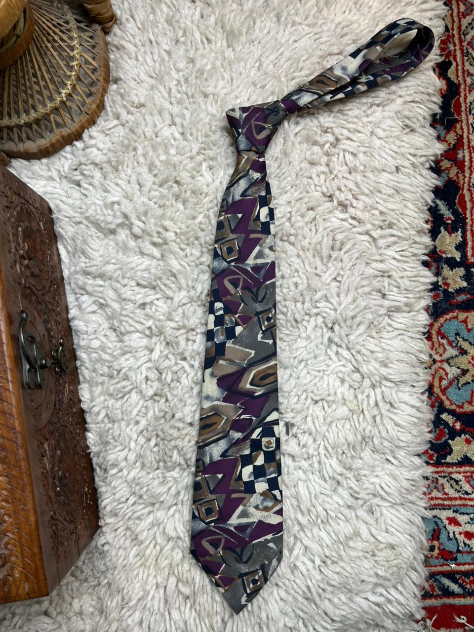 Littlewoods Mens Tie Purple Grey Abstract Geometric Retro 90s