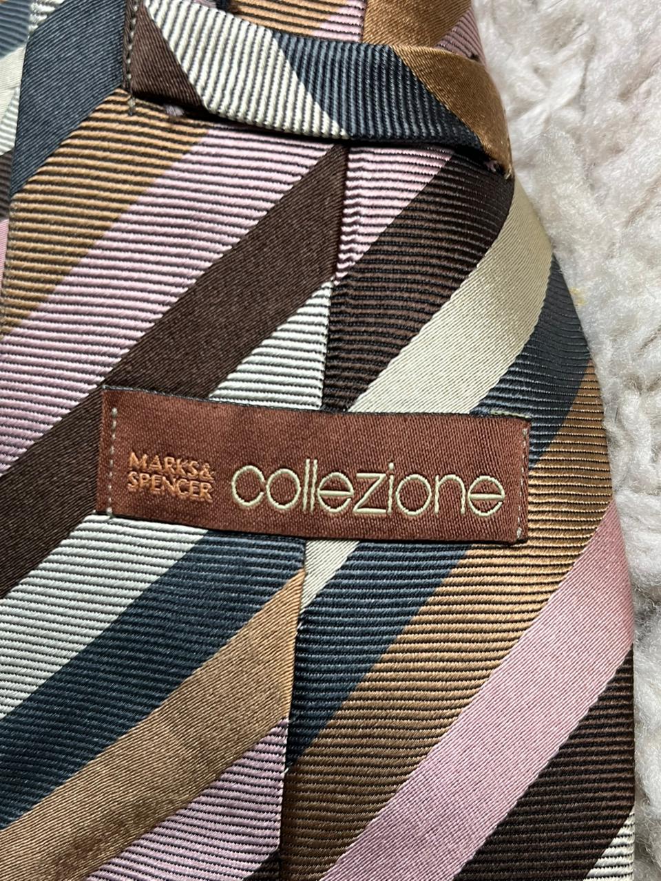 M&S Collezione 100% Silk Striped Tie Brown Pink Multi Color