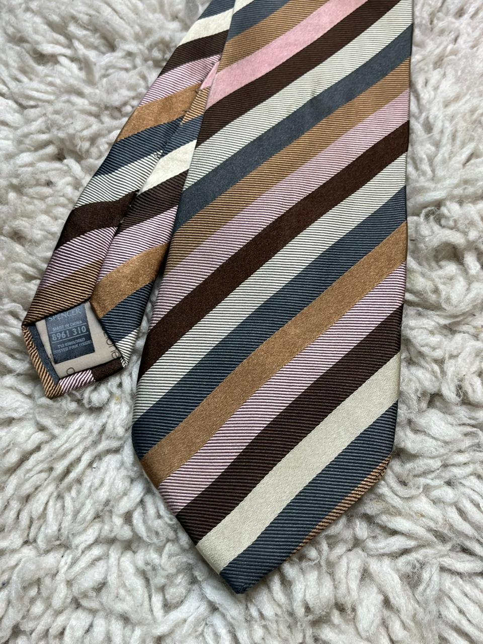 M&S Collezione 100% Silk Striped Tie Brown Pink Multi Color