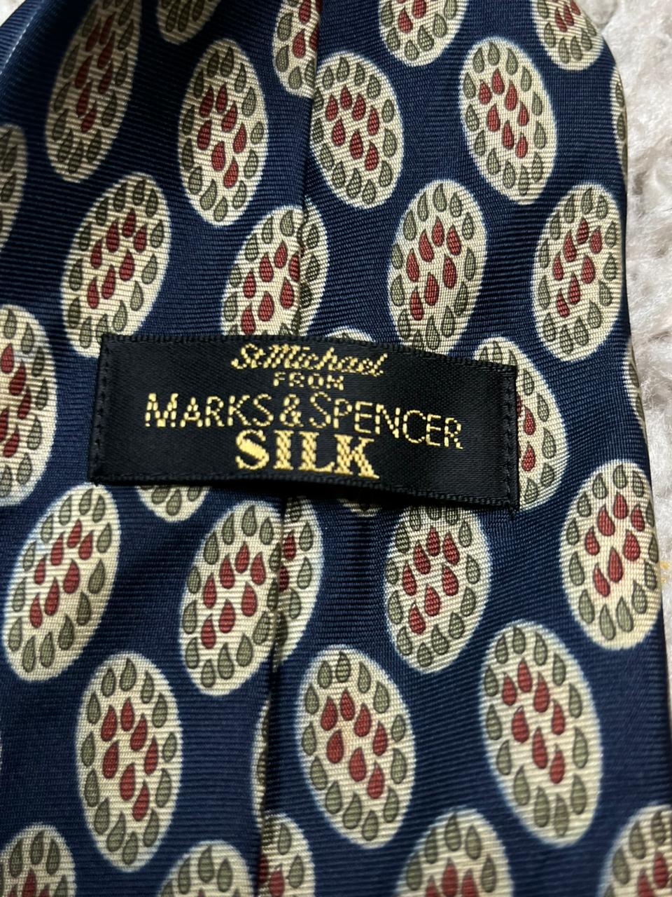 Vintage St Michael Marks & Spencer Silk Tie Navy Blue Red Geometric Medallion