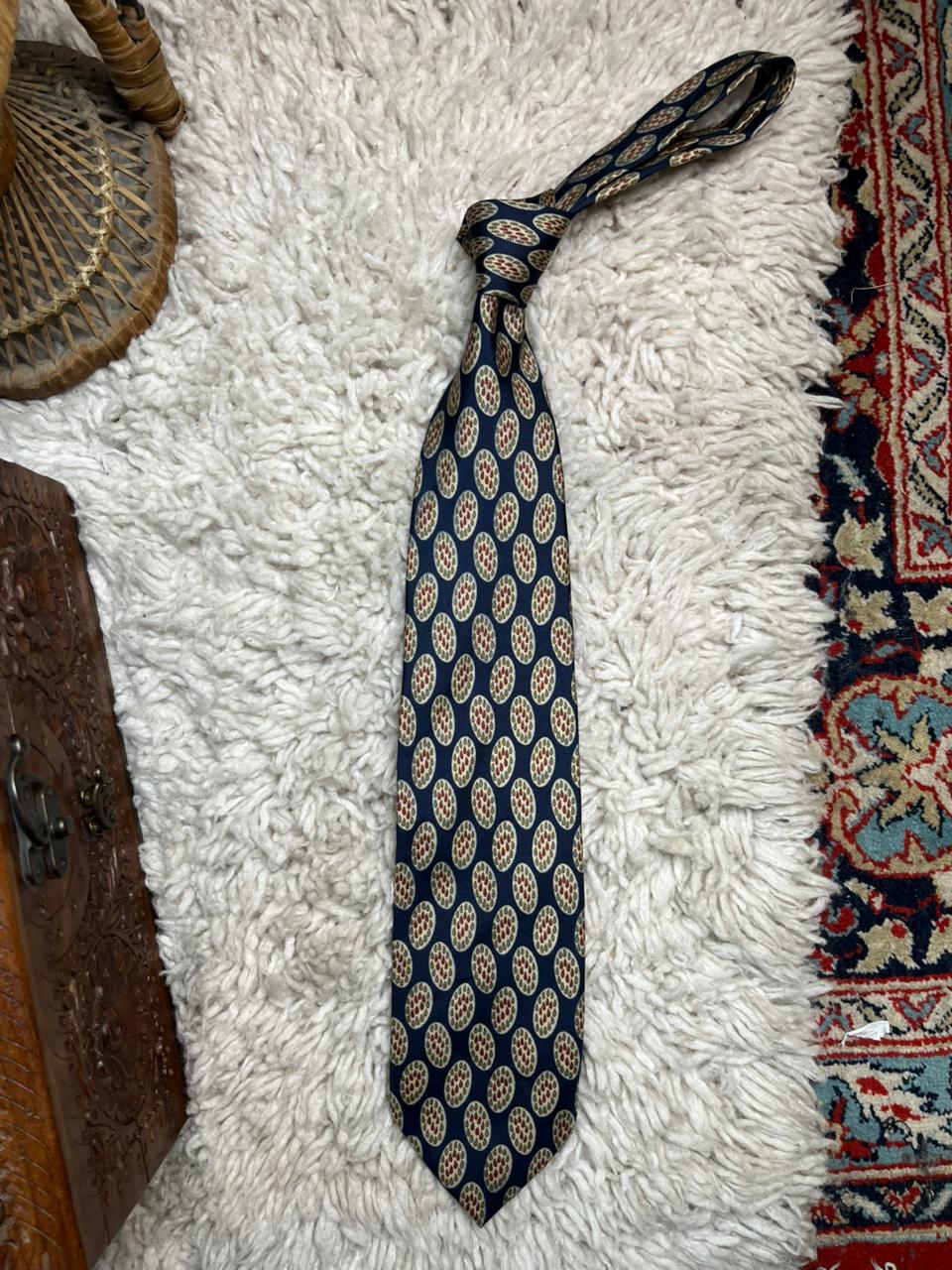 Vintage St Michael Marks & Spencer Silk Tie Navy Blue Red Geometric Medallion