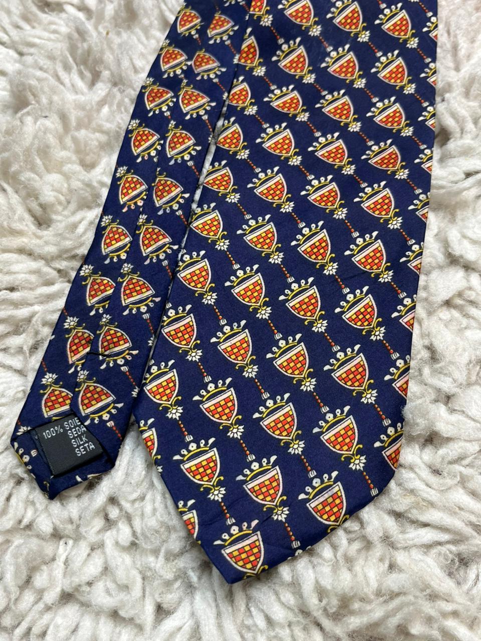 Giani Feroti Men's Silk Tie Navy Blue Crest Pattern  Designer Luxury