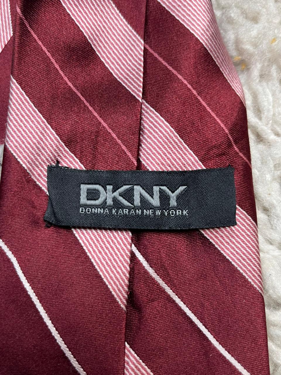 DKNY 100% Silk Striped Tie Burgundy Red and Pink Diagonal Stripe