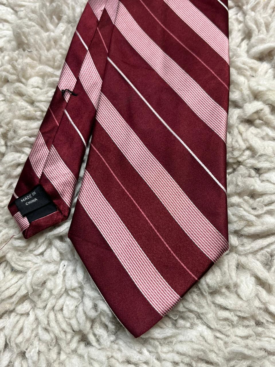 DKNY 100% Silk Striped Tie Burgundy Red and Pink Diagonal Stripe