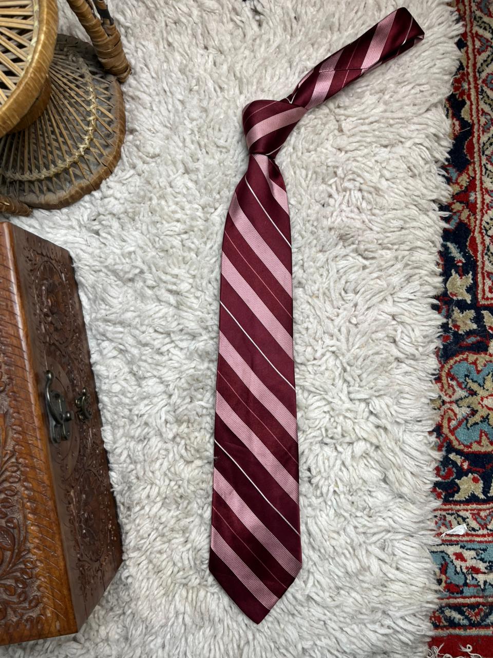 DKNY 100% Silk Striped Tie Burgundy Red and Pink Diagonal Stripe